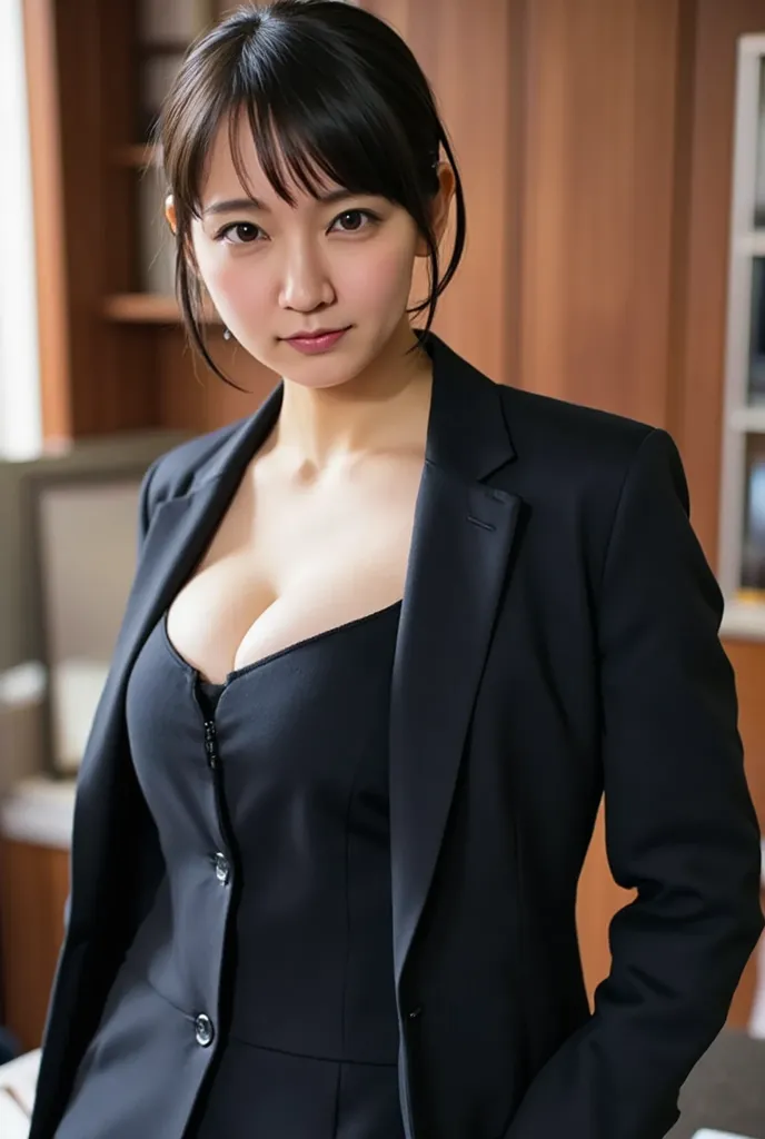 (NSFW),1 female,Beauty,(Riho Yoshioka 2015 FLUX.1 D),Beautiful face,smile,Crouching and watching the viewer,Office Lady,In a black business suit,A dignified appearance,Perfect Style,Take off your jacket,Cleavage,focus on the chest,(squatting down:1.2),(ope...