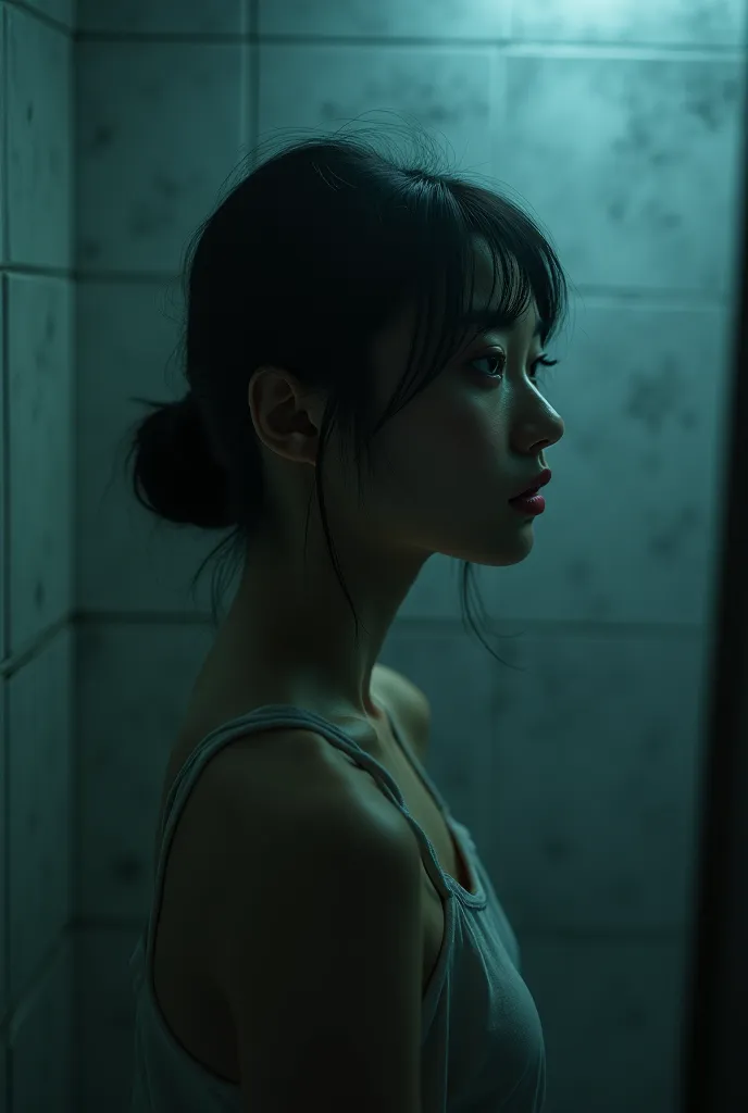 An ultra realistic image of a black-haired Asian woman inside a dark, foggy bathroom 