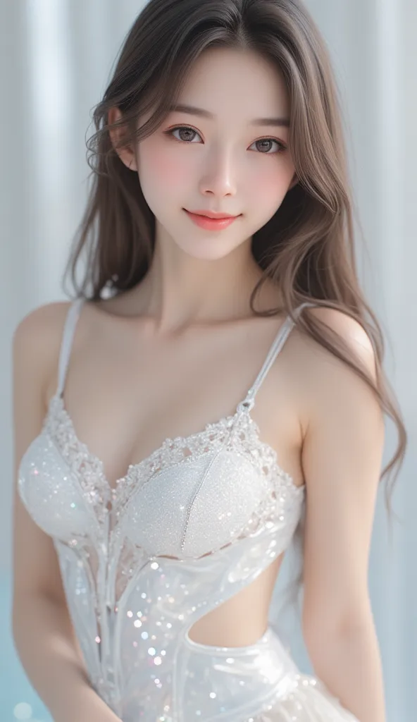 (  very cute young face  :1.1),(  twinkle in both armpits,  clear and captivating eyes  :1.1), ( Japanese idol face :1.1),   very beautiful and cute girl  ,(baby face:1.2),(   :1.2), Delicate, sleek and soft、 long straight brown hair  , white skin,( Happy ...