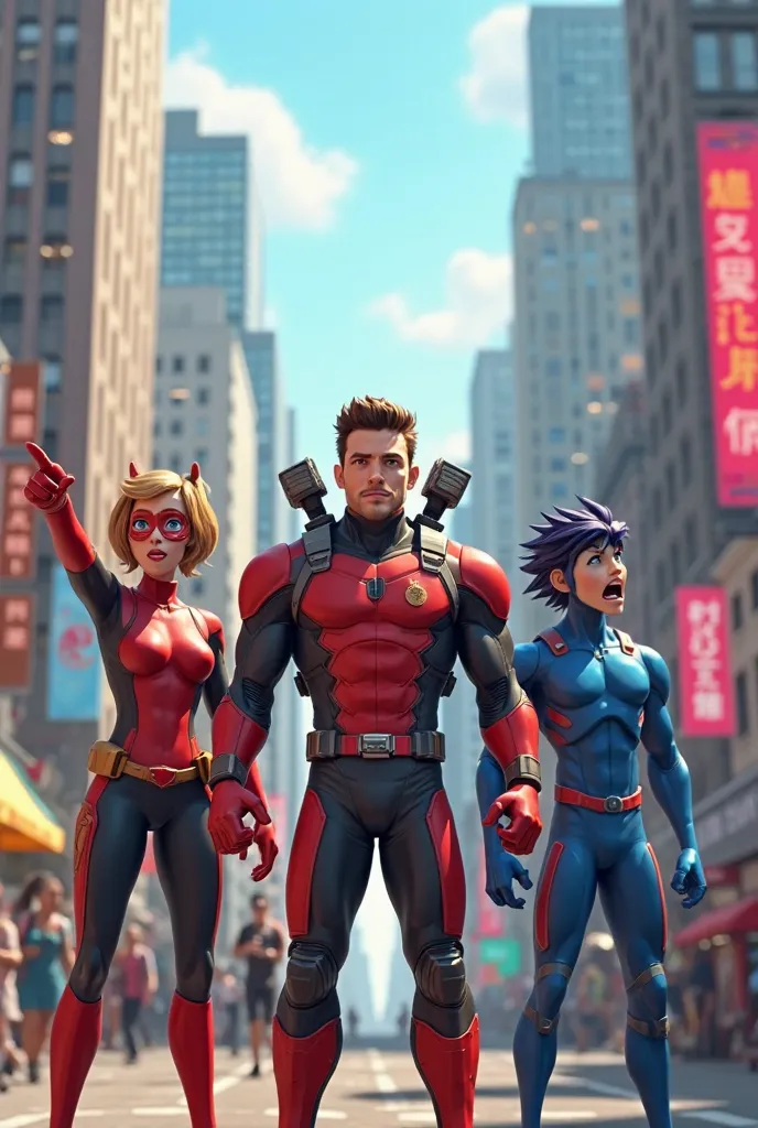 "A highly detailed 3D-style scene of three distinct and vibrant heroes standing on a bright city street, all pointing forward with expressions of shock and fear. The first hero wears a sleek red and black suit with agile, acrobatic features. The second is ...