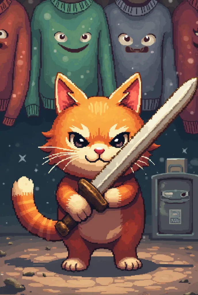 pixel images of an orange cat holding a wooden sword, sweaters in cold weather, All pixels, faces not smiling, In the house, Damaged image, making it a cartoon image