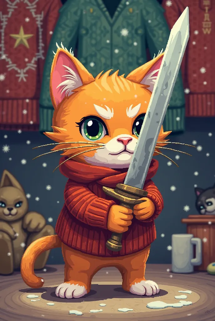 pixel images of an orange cat holding a wooden sword, sweaters in cold weather, All pixels, faces not smiling, In the house, Damaged image, making it a cartoon image