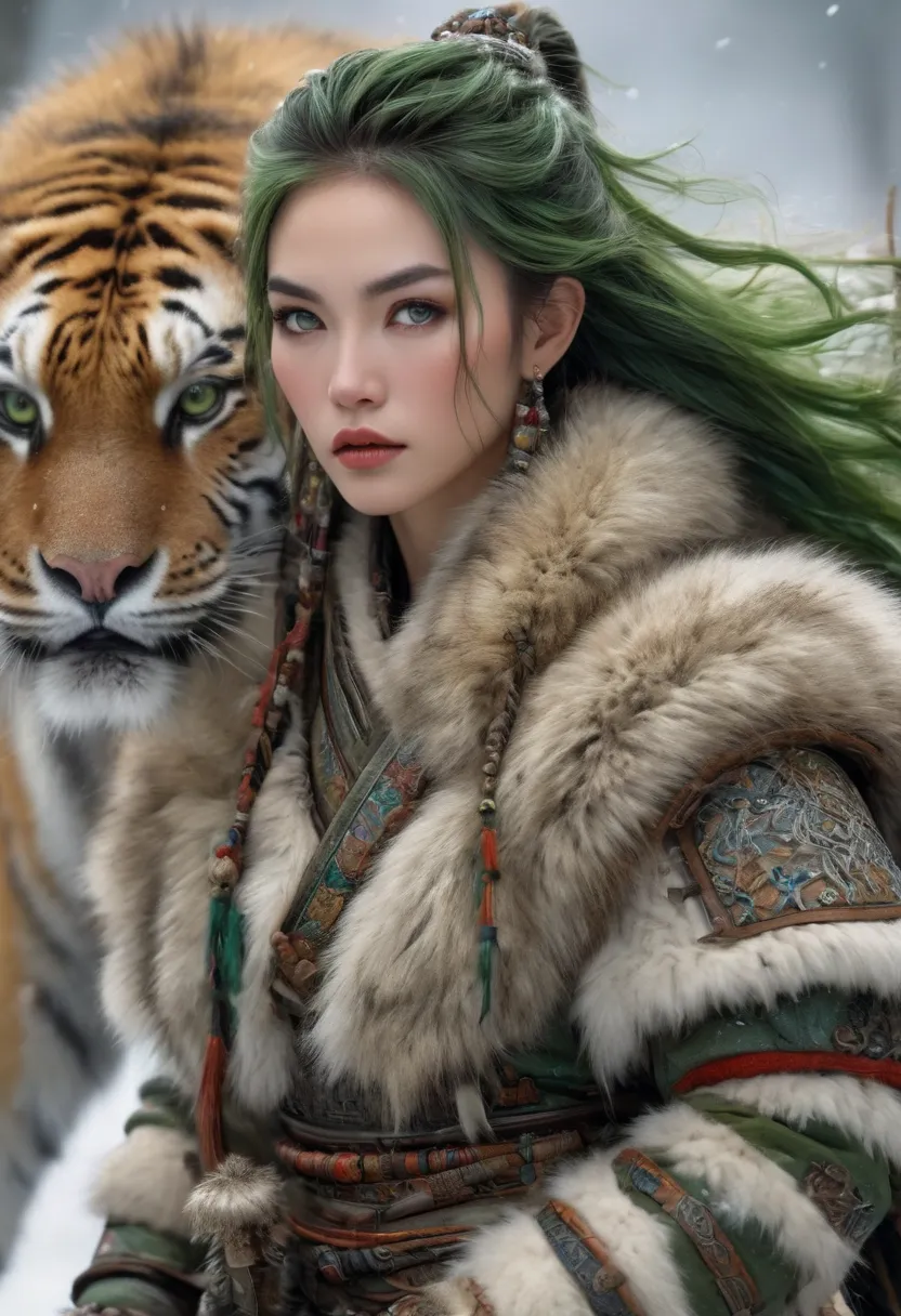 (best quality,4K,8k,high resolution,masterpiece:1.2),Very detailed,(Actual,photoActual,photo-Actual:1.37),Thick fur winter coat,Creative fusion of traditional Chinese design patterns and contemporary elements, green hair,High PonytailRed paint， Strong expr...