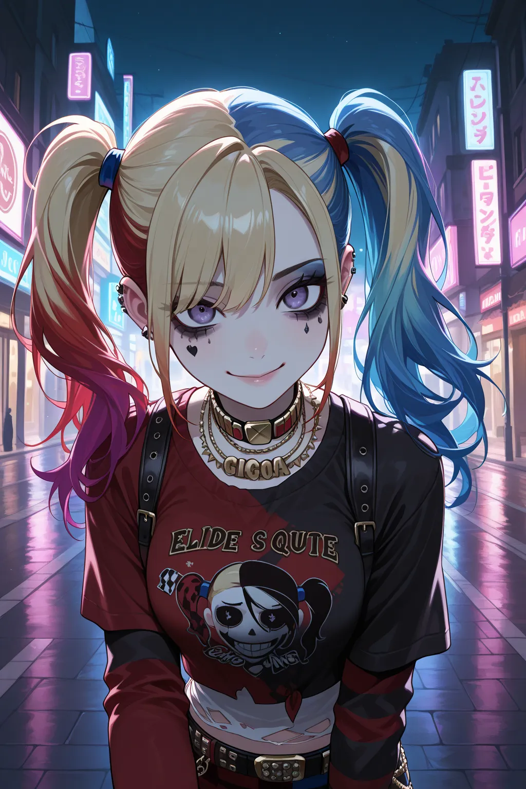 masterpiece, best quality, amazing quality, newest, very aesthetic, 1girl, harley quin \(suicide squad\),emo outfit,emo make up,eye shadow,holding a ciggaratte,walking forward to the viewr,close-up,smile,blink,night background