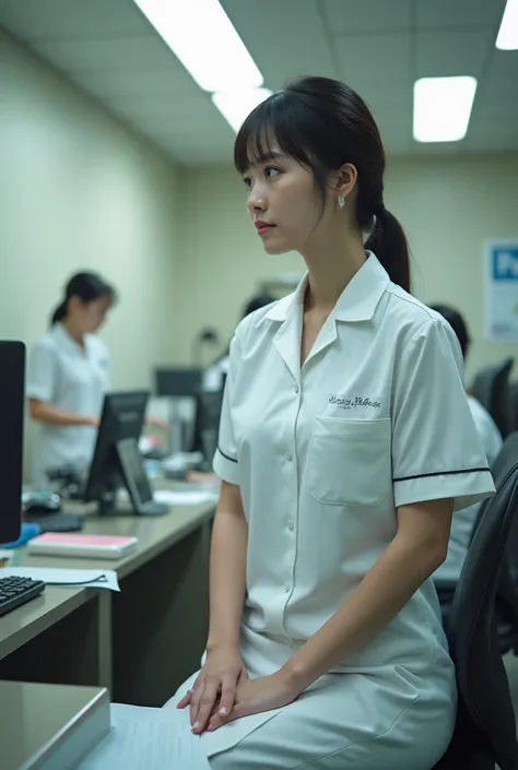 Japanese Female Psychiatric Nurses、Inside the staff station、 male nurse in meeting room、male occupational therapist/female pharmacist/female social worker/female registered dietitian、There is no doctor、real