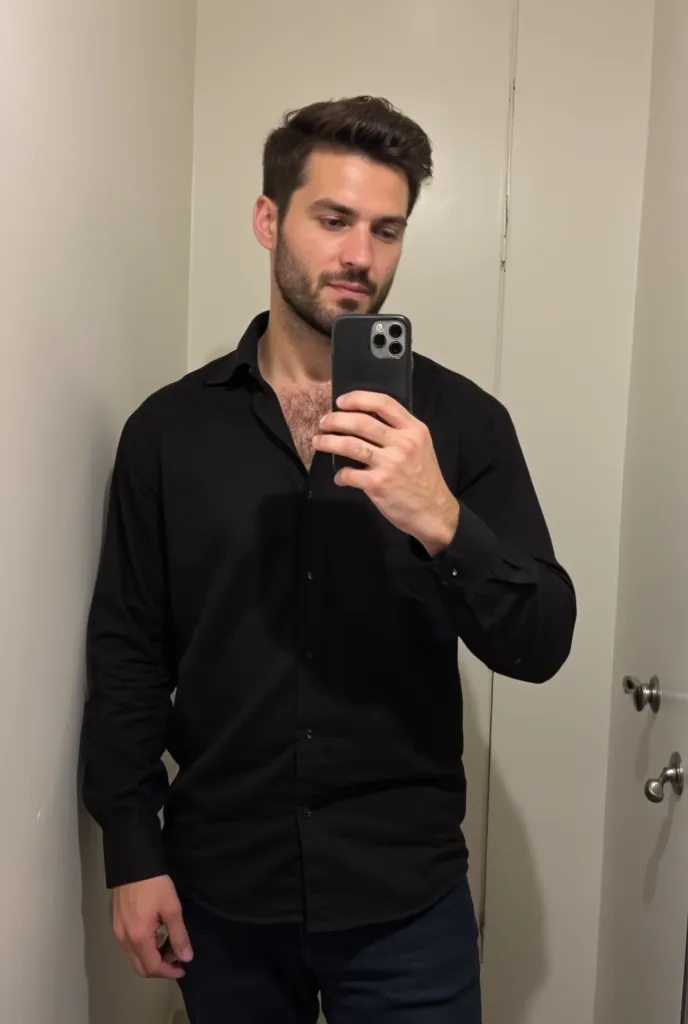 A handsome 20 years old men , taking mirror selfie, black shirt , muscular body , iPhone 