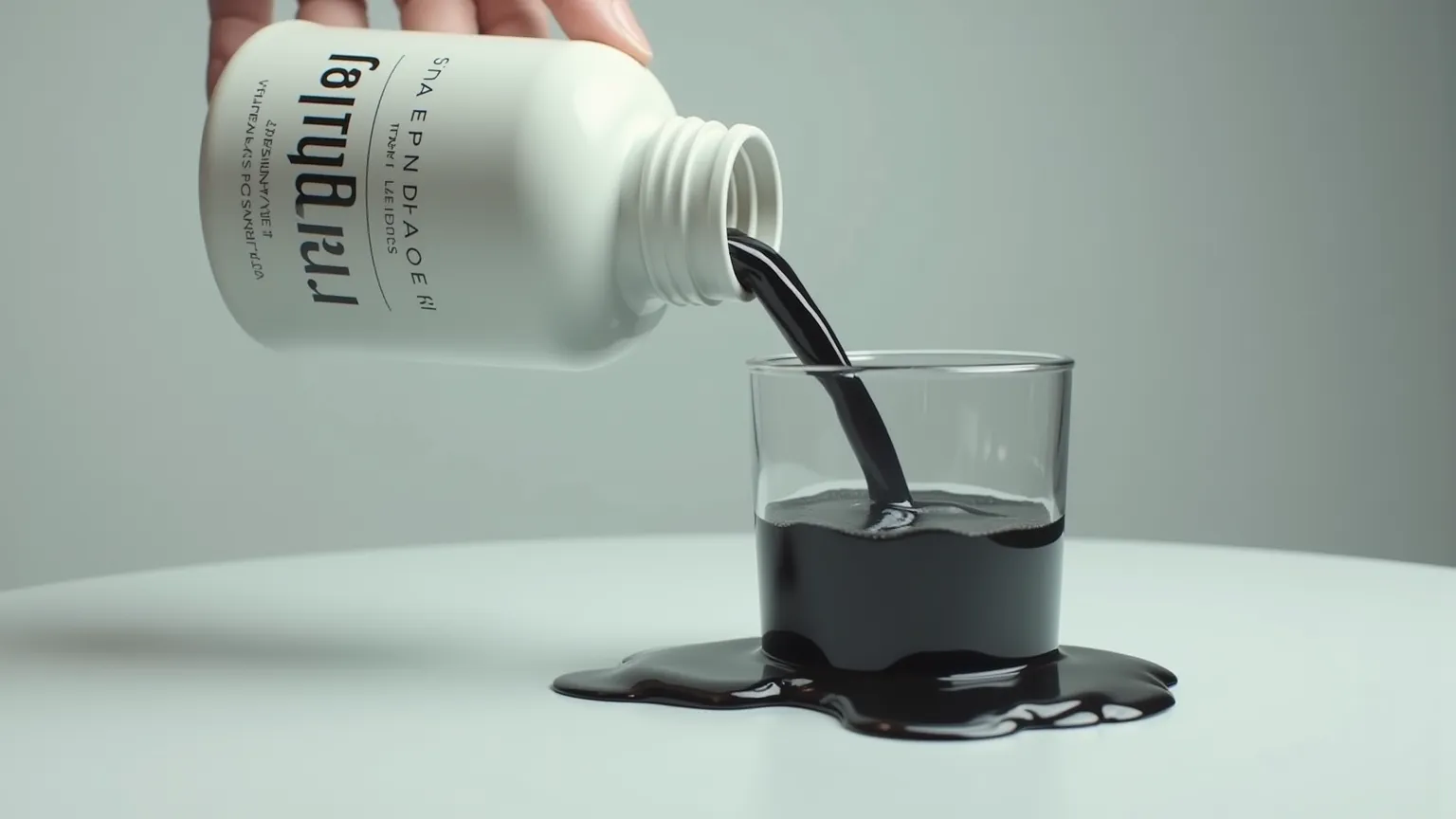 "A close-up of a supplement container labeled ‘Natural’ being poured into a glass, but the liquid turns black and thick, hinting at poison."