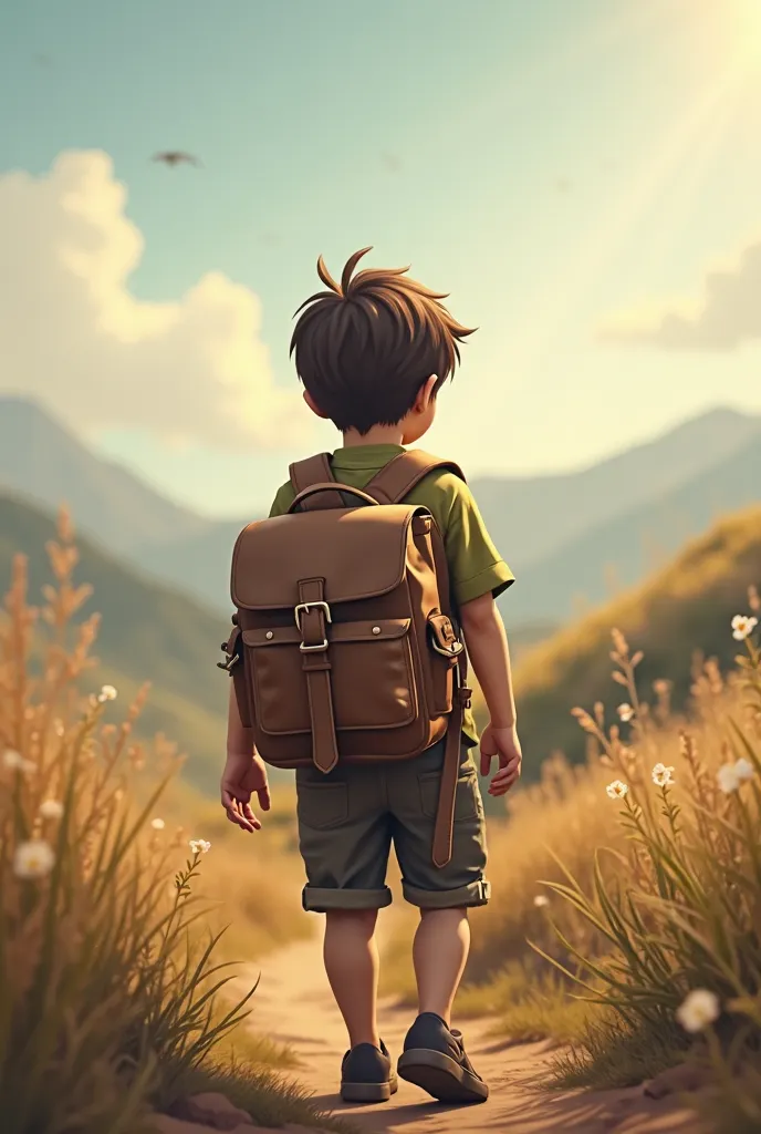 age boy carrying backpack facing back
