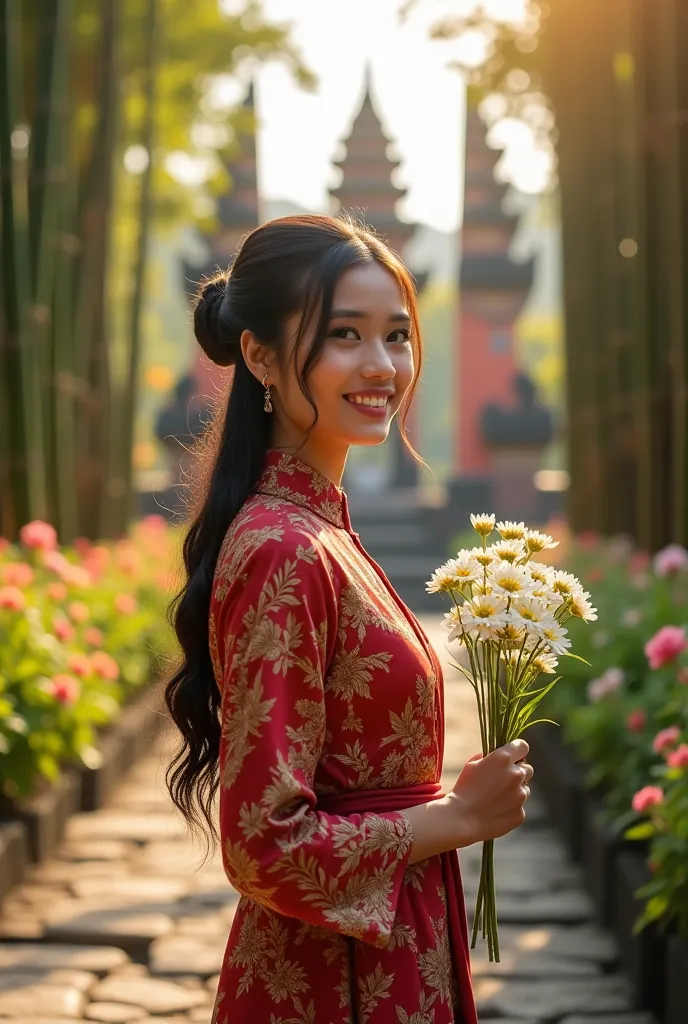 Close up view,Stylish photography,Beautiful Sundanese woman,black hair in a bun Bun up,Wearing an elegant white Sundanese traditional batik kebaya with black batik cloth,standing gracefully in the middle of a rocky path with flower gardens and lush bamboo ...