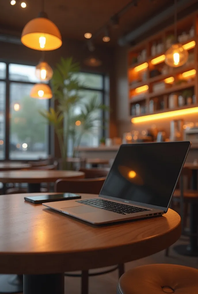 A cafe with a table in the foreground that ends with the edge of the picture on the table is a laptop, a cafe and a smartphone 