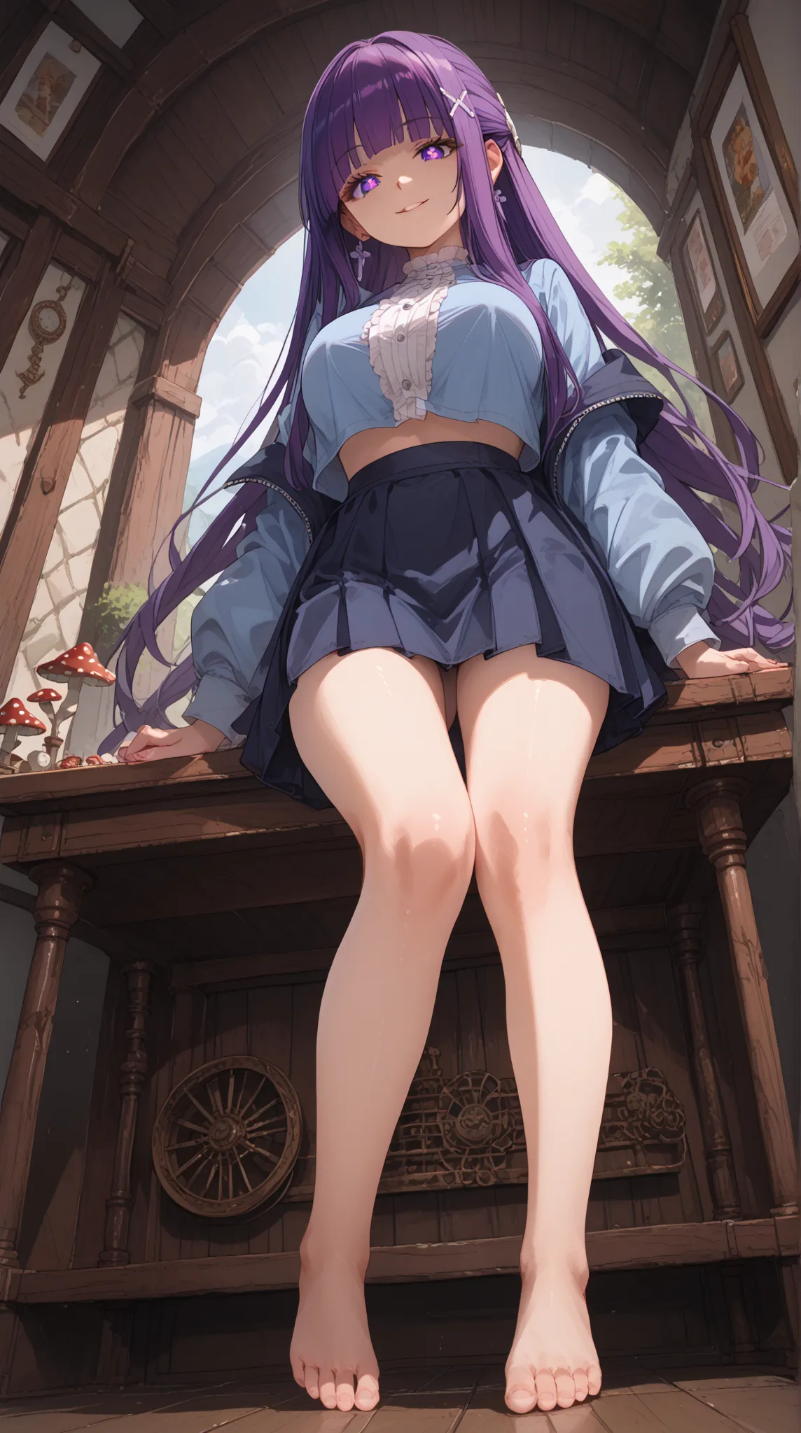 (fern \(sousou no frieren\), large breasts, long hair, purple hair, half updo, blunt bangs, purple eyes,), x hair ornament, idol clothes, single earring, blue shirt, cropped jacket, blue skirt, white thighhighs, barefoot, feet touches a mushroom, focus foo...