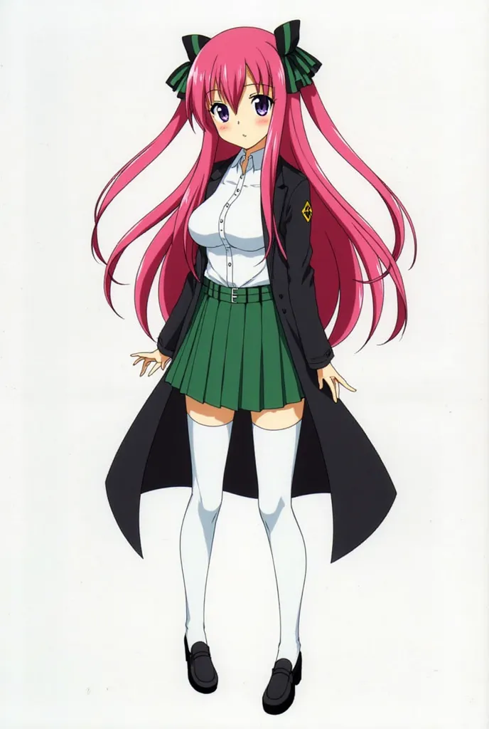 Nino Nakano from the anime The Quintessential Quintuplets with long pink red hair down to her waist with two green and black ribbons tied in her hair on the right and left of the top of her head, blue eyes with purple highlights, large breasts, she is dres...