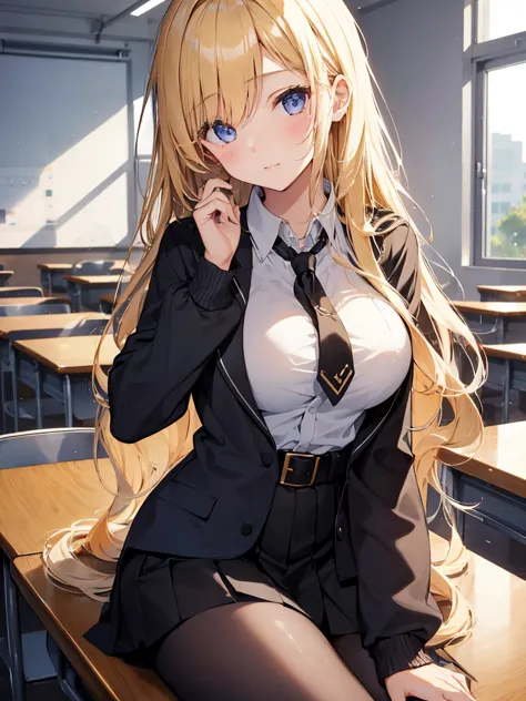  1girl in, Blonde high school girl ,in the classroom、Rich breasts and beautiful breasts、Semi-long hair、One eye is hidden by hair.