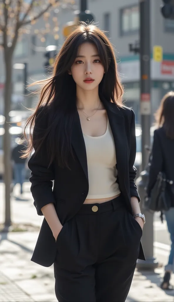 "Jisoo, a simple stylish outfit. image is mid-range, perfect lighting, cool pose, in street.