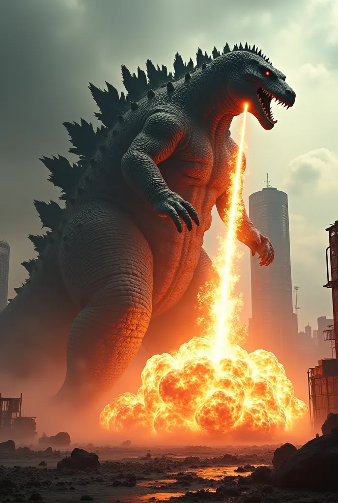 Godzilla who fires a laser with his huge ass and explodes a building with 