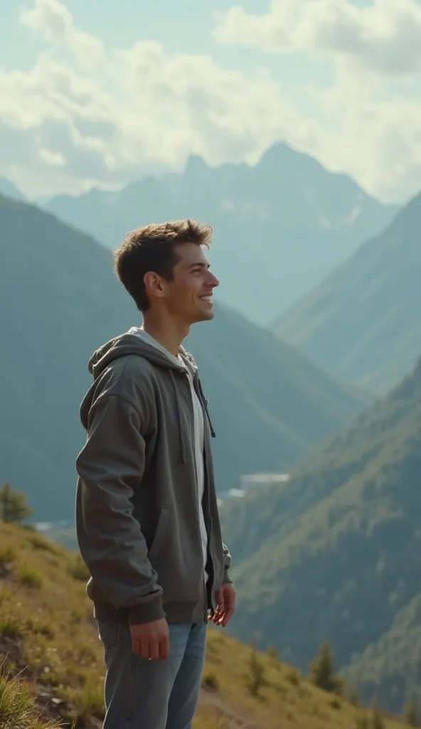 The young man from the beginning of the video is now smiling, standing on the top of the mountain, looking out at the vast landscape.

The text appears: "To make a living is not to survive, but to live a free and meaningful life."