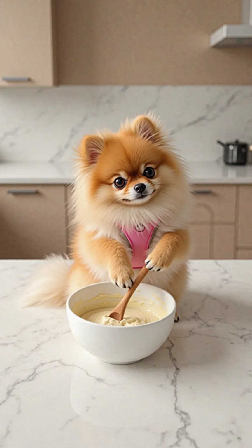 An ultra-realistic, high-resolution, photorealistic image of an adult Pomeranian dog named Bella sitting on a pristine, white marble kitchen countertop. Her long, elegant orange-cream fur is perfectly groomed, with cream-colored paws delicately holding a w...