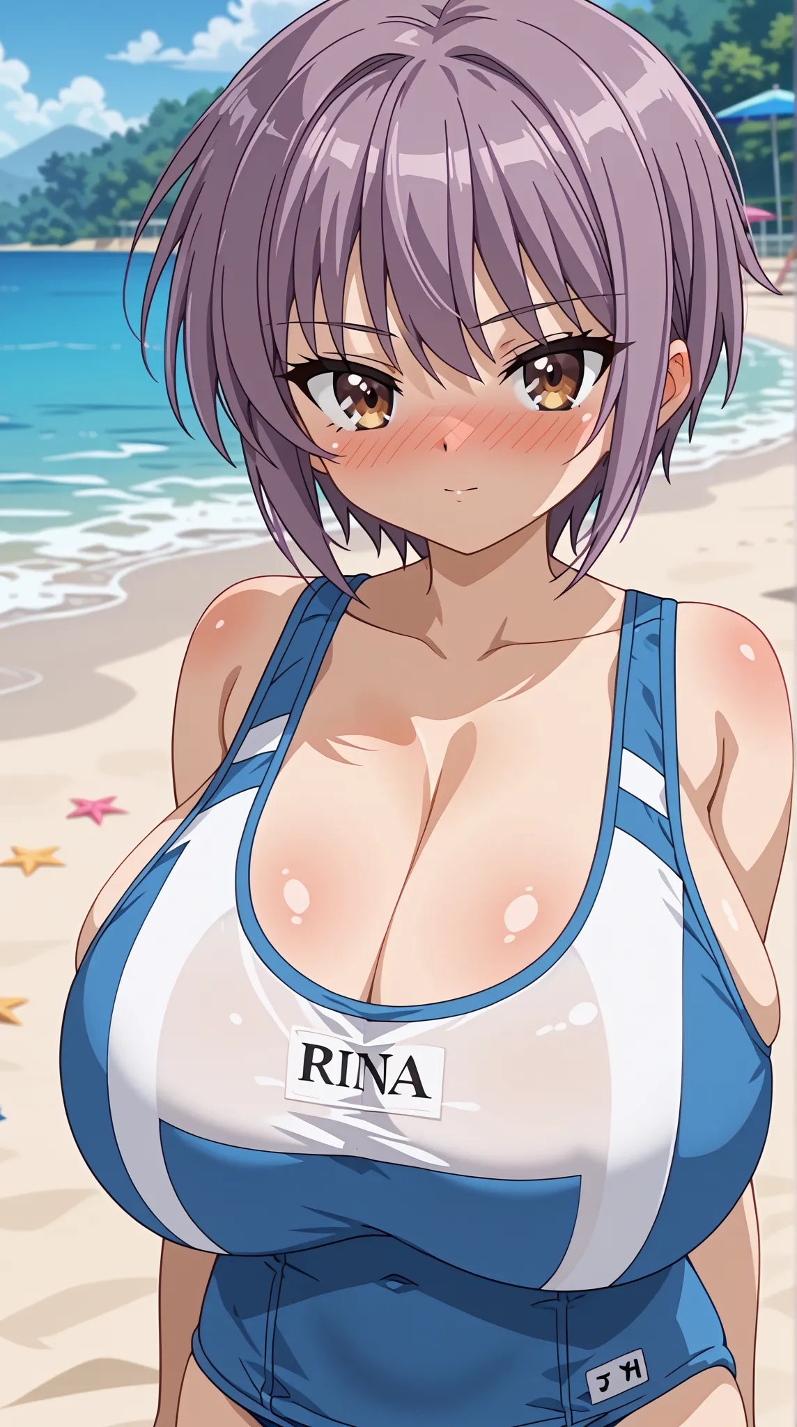 (UHD, retina, masterpiece, accurate, anatomically correct, super detail, high details,   highres,anime screencap, anime coloring:1.3)、(yuki nagato:1.3)、(short hair, bangs, brown eyes, purple hair:1.3)、(body blush:1.3)、(very gigantic breasts:1.3)、(school sw...