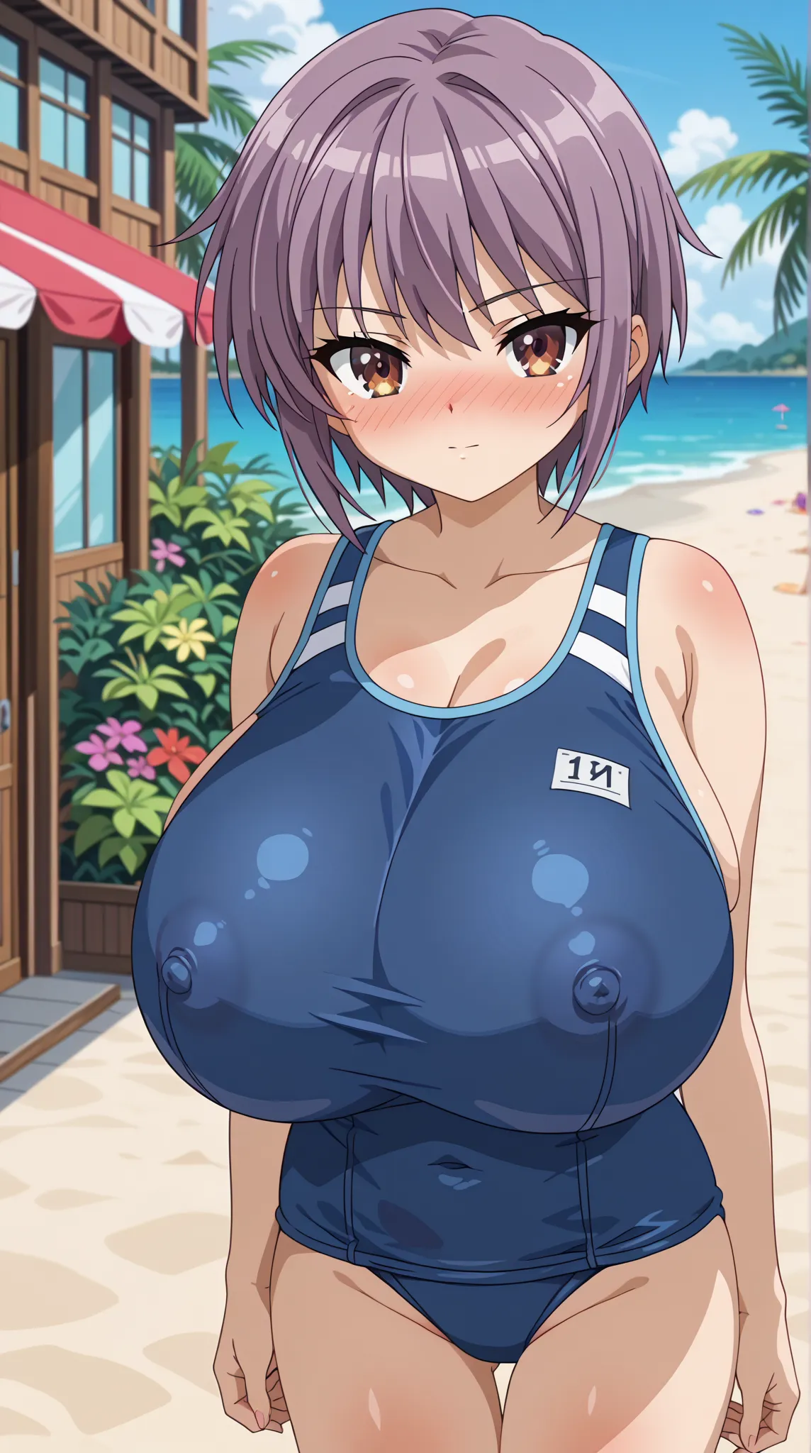 (UHD, retina, masterpiece, accurate, anatomically correct, super detail, high details,   highres,anime screencap, anime coloring:1.3)、(yuki nagato:1.3)、(short hair, bangs, brown eyes, purple hair:1.3)、(body blush:1.3)、(very gigantic breasts:1.3)、(school sw...