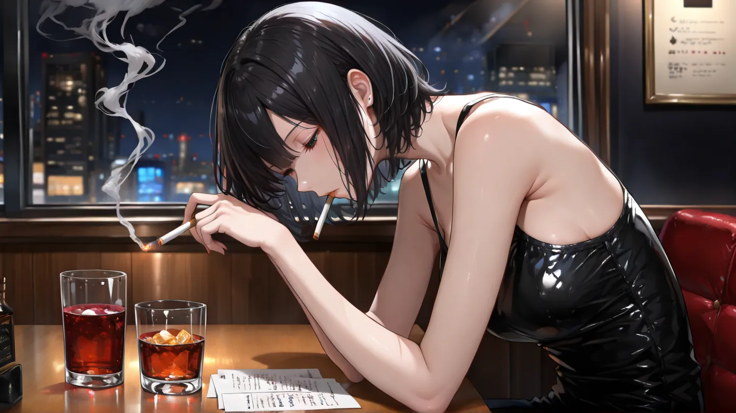 (Best Quality), (Very detailed), (Best illustrations),Gravure Model,(black hair,short hair),Bar with night view,solo,wisky glass,cigarette,sitting,smoke,(masterpiece:1.2),(best quality:1.2),newest,
