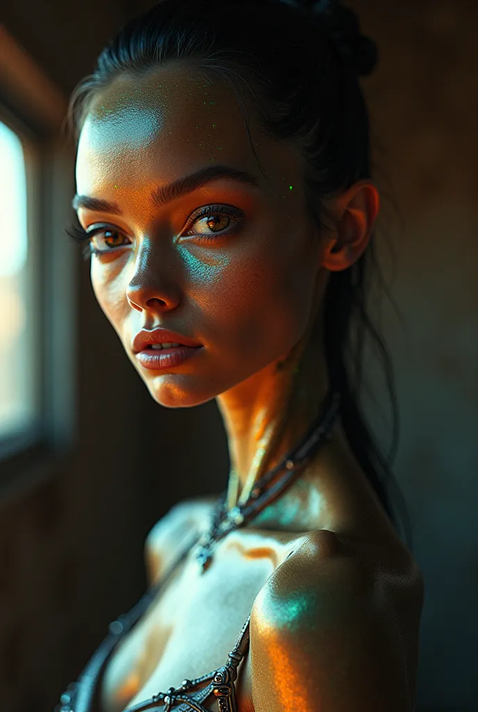 Ultra-detailed 35mm Kodachrome film photography, vibrant saturation and fine grain, styled by Steve McCurry’s emotive storytelling, Annie Leibovitz’s dramatic narrative lighting, and Herb Ritts’ sensual elegance. Portrait of a female humanoid alien facing ...