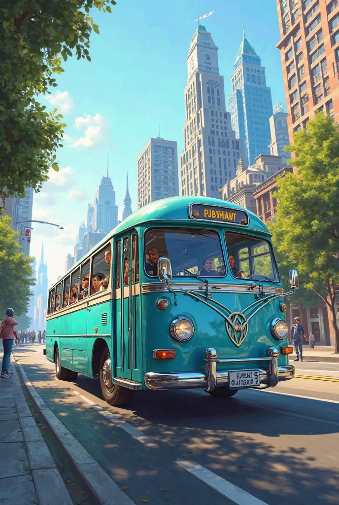 Photo of a light blue bus 