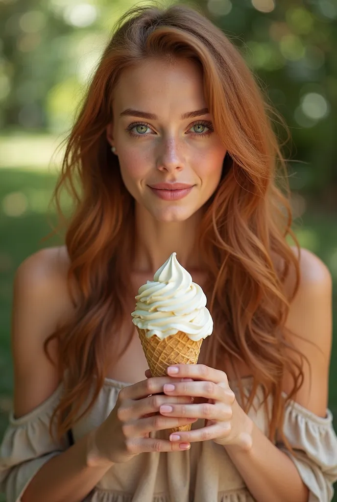 

"Create an image of a woman with long hair,  tanned skin and green eyes , in a hyper-realistic way, looking like a true photo of a real person. She must be in a natural environment and eating ice cream with an expression of pleasure. The image must captu...