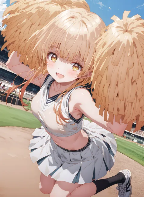 It's so dizzying, Mahiru Shiina, bungs, blonde hair, brown hair, yellow eyes,long hair,smile,blush,open your mouth,,(cheerleading), (full body), on chest, (semen), semen Wet Clothes, (white clothes),sleeveless, pleated skirt,black socks,sneakers,belly...