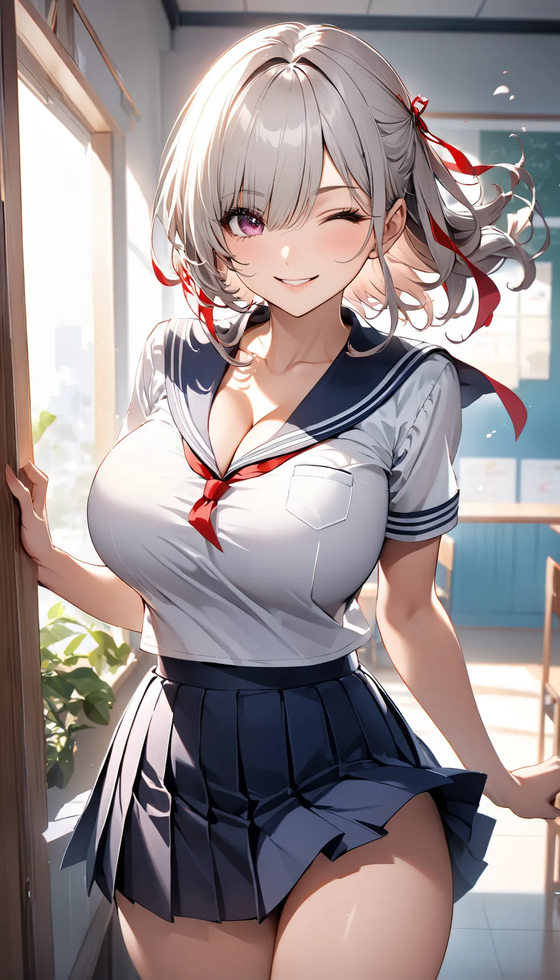 (masterpiece, Highest quality:1.2), One person, One person, high school girl, ((One eye is hidden by hair.)),Mid length, big breasts,High school sailor uniform, Navy Pleated Skirt, Pure white blouse, Red ribbon, Random Pause, Dynamic Random Shot, Attractiv...