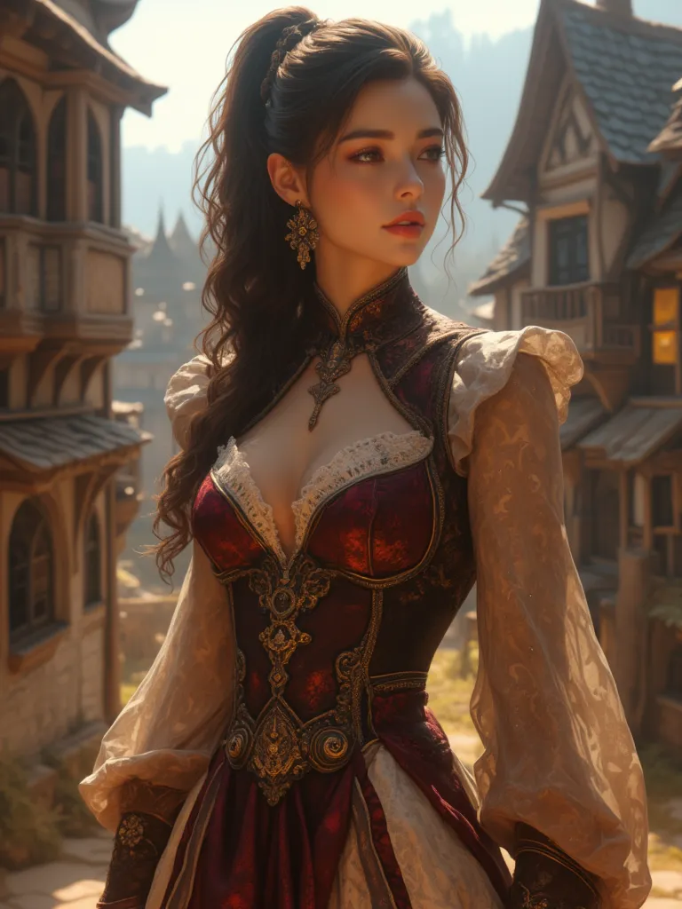 full body shot, woman, medieval clothes, attractive body, black ponytail hair, 8k, masterpiece, realistic fantasy, medieval houses background