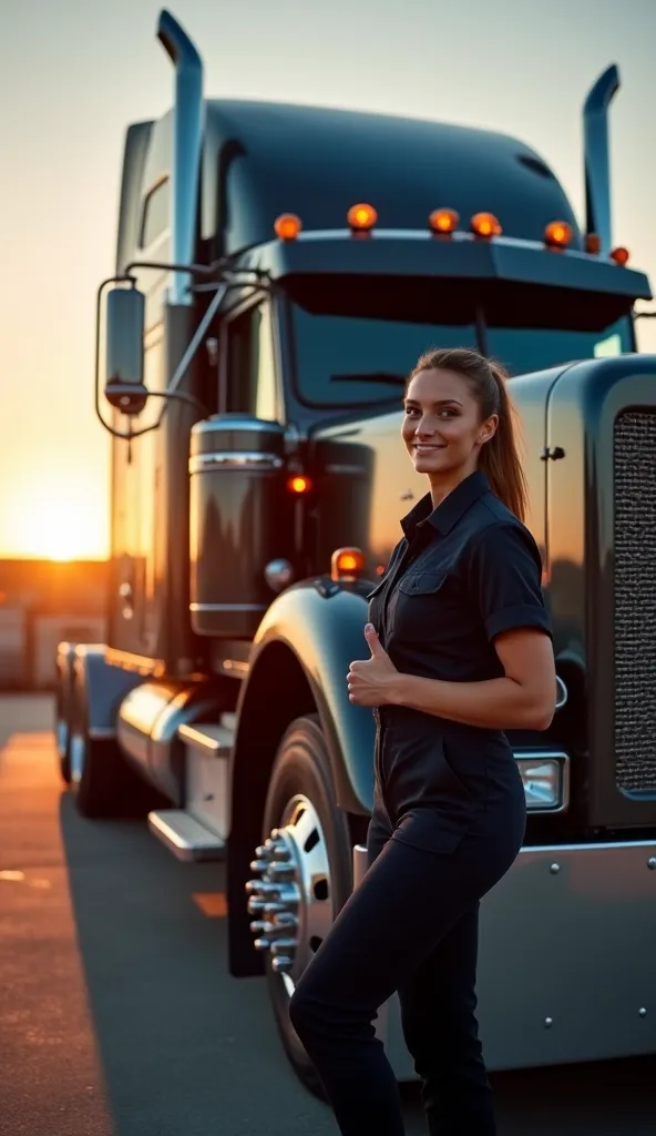 Cinematic wide shot of a sleek metallic black Peterbilt 359 with chrome accents parked at sunset in an industrial yard. The camera orbits the truck, emphasizing its hybrid engine details (Scania badge visible). A beautiful, athletic woman (late 20s, wearin...