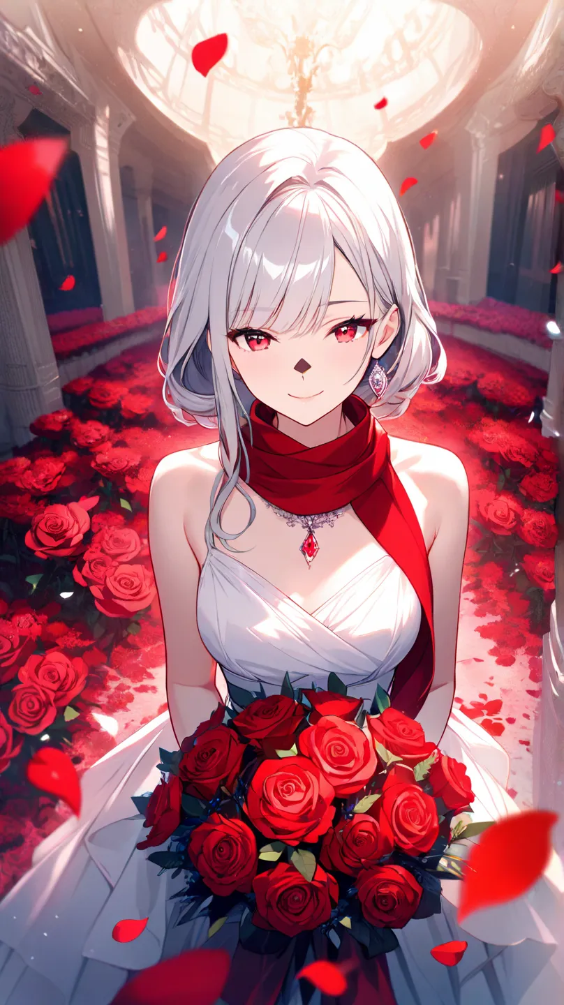  panorama, perspective, allows depth of field,  Bust, upper body,  cinematic angle ,  masterpiece, top quality, Super Detail, CG,  wallpaper, beautiful face, watch, Alone, smile,  Silver Hair, Scarlet Eyes, white skin, hair, red scarf with black nose, whit...