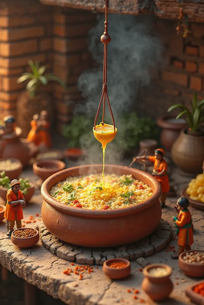 "A highly detailed, realistic scene featuring miniature 3D chefs and workers preparing traditional Bengali Khichuri in an earthen pot over a rustic stove. A small crane is pouring golden ghee into the bubbling, steaming Khichuri filled with rice, lentils, ...