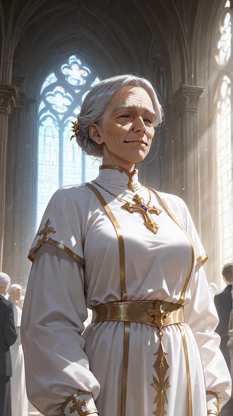 old woman with silver hair, wearing priestess clothes, church at background