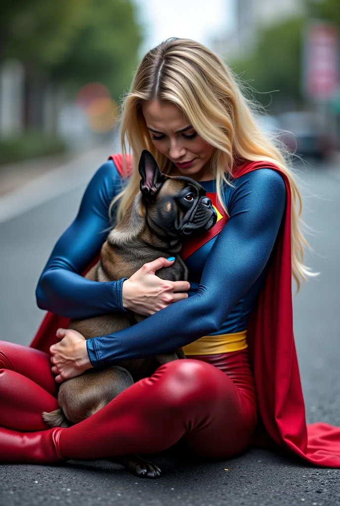 Long haired blonde woman wearing a superman costume, physically strong, physically muscular, sitting on the asphalt street, Hugging a french buldog dog, Grieving, side perspective, sobbing. Japan.