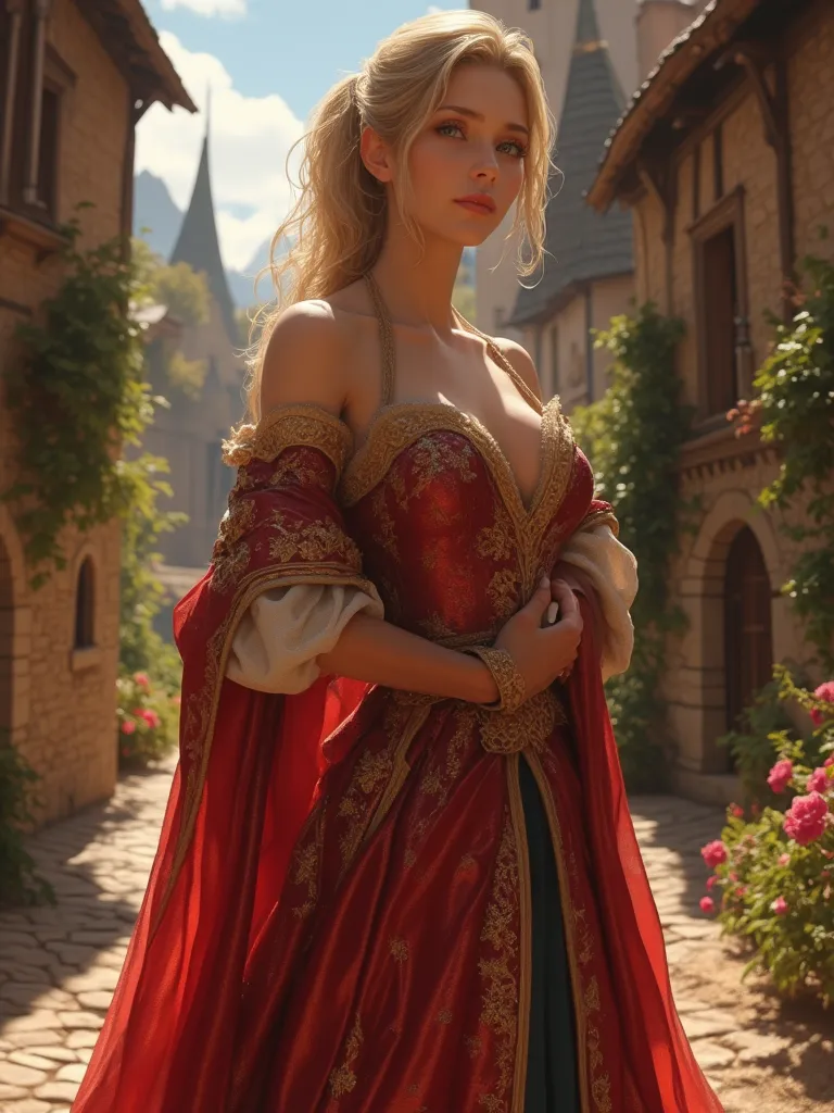 full body shot, woman, medieval clothes, attractive body, blonde ponytail hair, 8k, masterpiece, realistic fantasy, medieval houses background