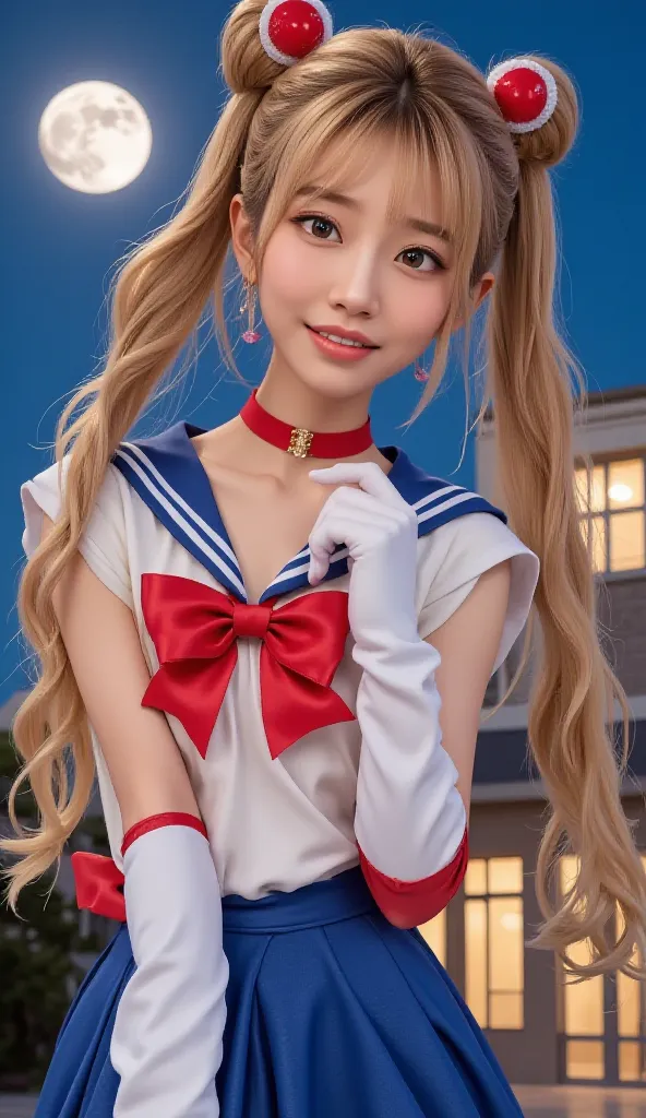 cinematic lighting, Ultra High Precision,  masterpiece,   accurate, 超details,  details, high quality,  Award winning , Highest品質, Highest, 16k, detailsな顔,  Realistic Textured Skin, Sailor Moon, sailor suit ,  The background is a full Moon , perfectly mimic...