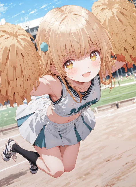 It's so dizzying, Mahiru Shiina, bungs, blonde hair, brown hair, yellow eyes,long hair,smile,blush,open your mouth,,(cheerleading), (full body), on chest, (semen), semen Wet Clothes, (white clothes),sleeveless, pleated skirt,black socks,sneakers,belly...