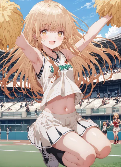It's so dizzying, Mahiru Shiina, bungs, blonde hair, brown hair, yellow eyes,long hair,smile,blush,open your mouth,,(cheerleading), (full body), on chest, (semen), semen Wet Clothes, (white clothes),sleeveless, pleated skirt,black socks,sneakers,belly...