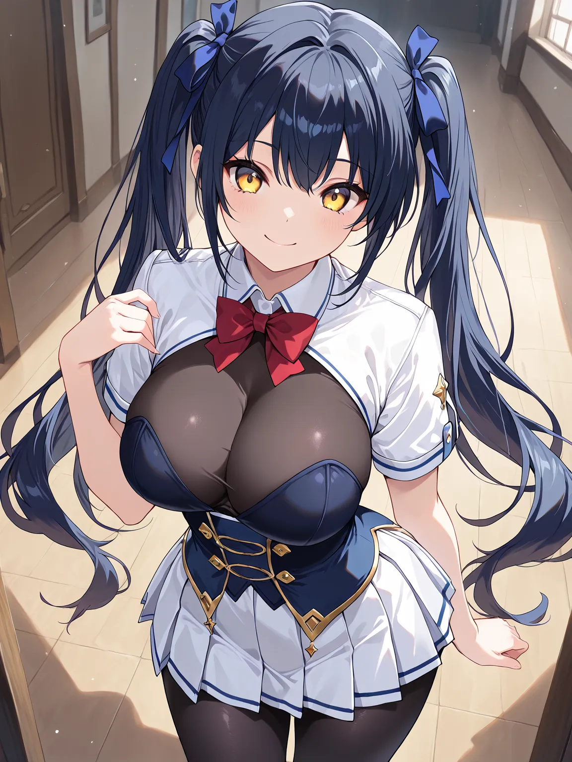 1girl, dark blue hair, long hair, twintails, yellow eyes, white hair ribbon, white shrug (clothing), short sleeves, wing collar, red bowtie, blue underbust, black bodystocking, white pleated skirt, black pantyhose, smile,, (masterpiece, best quality, extre...