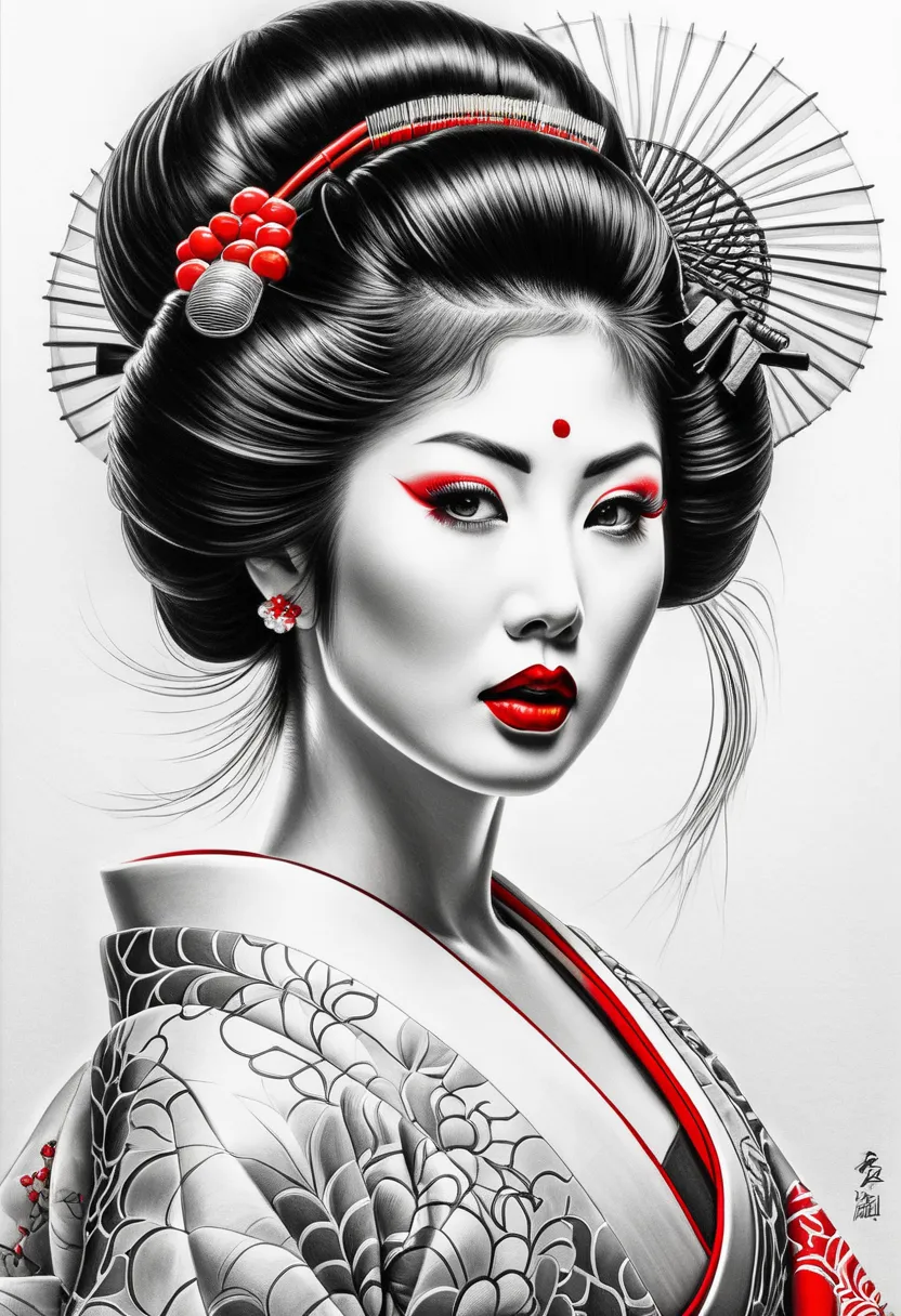 Japanese modern geisha, long eyelashes, black hair, red lips, black and white fine pencil image, big breasts, intricate hair style, facing viewer