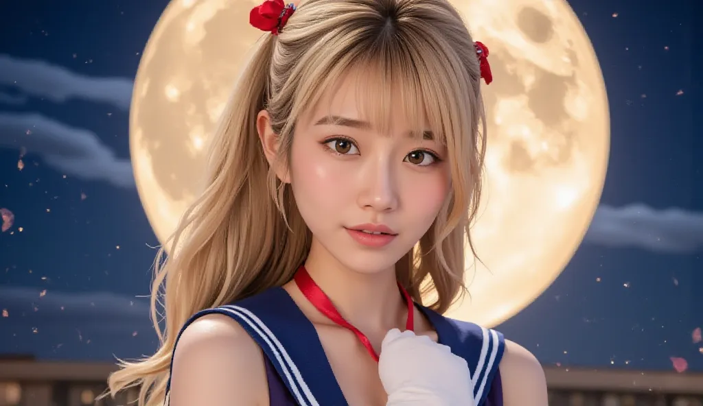 cinematic lighting, Ultra High Precision,  masterpiece,   accurate, 超details,  details, high quality,  Award winning , Highest品質, Highest, 16k, detailsな顔,  Realistic Textured Skin, Sailor Moon, sailor suit ,  The background is a full Moon , perfectly mimic...