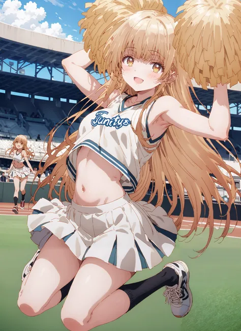 It's so dizzying, Mahiru Shiina, bungs, blonde hair, brown hair, yellow eyes,long hair,smile,blush,open your mouth,,(cheerleading), (full body), on chest, (semen), semen Wet Clothes, (white clothes),sleeveless, pleated skirt,black socks,sneakers,belly...
