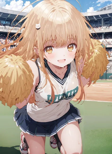 It's so dizzying, Mahiru Shiina, bungs, blonde hair, brown hair, yellow eyes,long hair,smile,blush,open your mouth,,(cheerleading), (full body), on chest, (semen), semen Wet Clothes, (white clothes),sleeveless, pleated skirt,black socks,sneakers,belly...