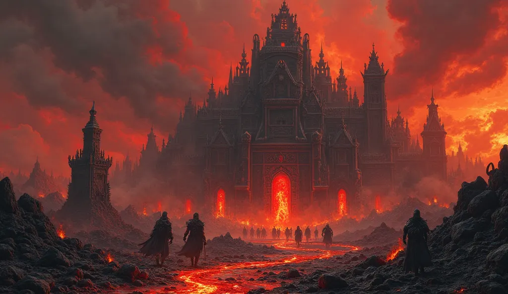 "A horrifying landscape filled with burning pyres, skeletal remains, and cursed tombs. The sky is blood-red, and dark clouds swirl ominously. In the center, a massive black fortress stands, built from bones and obsidian. The walls are covered with grotesqu...