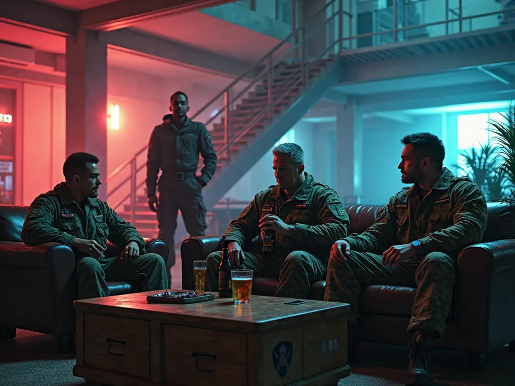 three military guys are relaxing on the couch at cyberpunk headquarters, spacious, with stairs to the second floor, cyberpunk interior, one of the soldiers is behind, The second soldier with gray hair sits on the couch drinking beer, third soldier sits sep...