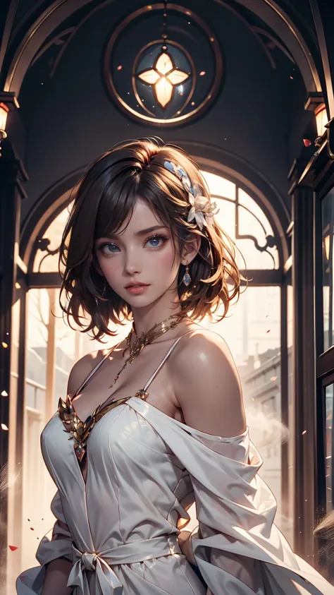 hidden hair, length_hair,  bright_hair_color, seductive_eye,  mystical _Performance, mature_exterior, glamorous_Costume,  is playing_off-shoulder dress, elegant_ jewelry, complicated_ Embellishment , magic_ symbol, Shine_accessories,  potion , Scroll, cute...