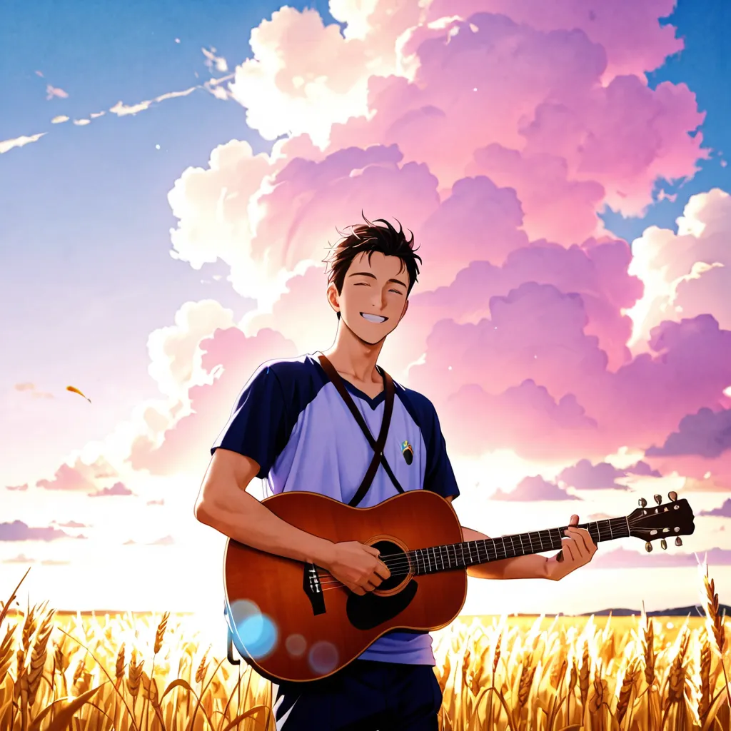 "A boy is playing an acoustic guitar in the middle of a golden wheat field. He has a soft smile and creates a calm atmosphere.. The sky is colored with purple and pink clouds,, The warm wind scatters his collar slightly. An illustration that emphasizes the...