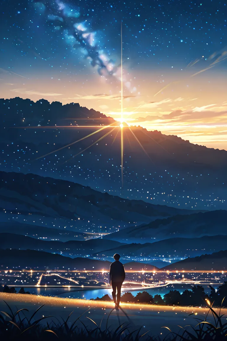 A night landscape with a wide field, illuminated by lights from a distant city. The sky is full of bright stars and sparkles,  with shades of blue and black  . in the foreground, The silhouette of a person, walking up a hill, From behind watching the view,...