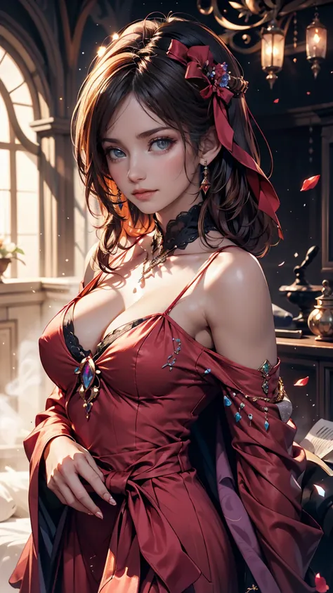 hidden hair, length_hair,  bright_hair_color, seductive_eye,  mystical _Performance, mature_exterior, glamorous_Costume,  is playing_off-shoulder dress, elegant_ jewelry, complicated_ Embellishment , magic_ symbol, Shine_accessories,  potion , Scroll, cute...